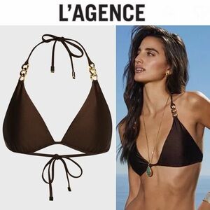 L'AGENCE Annabelle Shimmer Triangle Bikini Top Brown Gold Sz M NWT